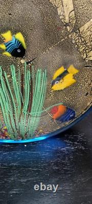 Vintage Murano Blown Glass Blue Gold Round Aquarium Multi Fish Art Glass 7 Dia