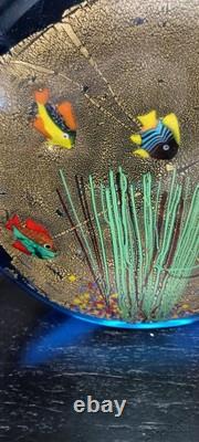 Vintage Murano Blown Glass Blue Gold Round Aquarium Multi Fish Art Glass 7 Dia