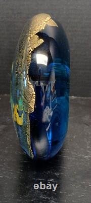 Vintage Murano Blown Glass Blue Gold Round Aquarium Multi Fish Art Glass 7 Dia
