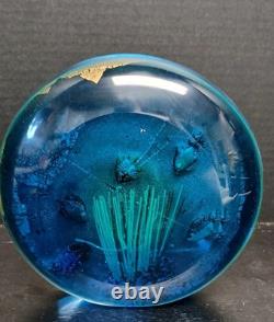 Vintage Murano Blown Glass Blue Gold Round Aquarium Multi Fish Art Glass 7 Dia