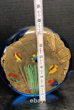 Vintage Murano Blown Glass Blue Gold Round Aquarium Multi Fish Art Glass 7 Dia