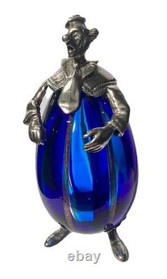 Vintage Murano Blue Art Glass Clown By Vittorio Angini Silver Hallmarked Figure
