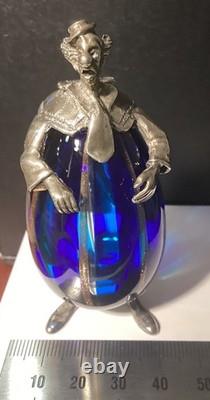 Vintage Murano Blue Art Glass Clown By Vittorio Angini Silver Hallmarked Figure