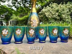 Vintage Murano Blue Glass Decanter (Missing Stopper) + Six Mini Glasses. Ex Con