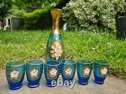 Vintage Murano Blue Glass Decanter (Missing Stopper) + Six Mini Glasses. Ex Con