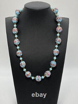 Vintage Murano Blue Glass Lampwork Wedding Cake Bead Necklace