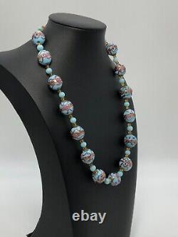 Vintage Murano Blue Glass Lampwork Wedding Cake Bead Necklace