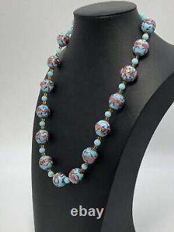 Vintage Murano Blue Glass Lampwork Wedding Cake Bead Necklace