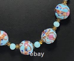 Vintage Murano Blue Glass Lampwork Wedding Cake Bead Necklace