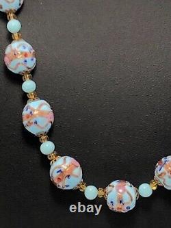 Vintage Murano Blue Glass Lampwork Wedding Cake Bead Necklace