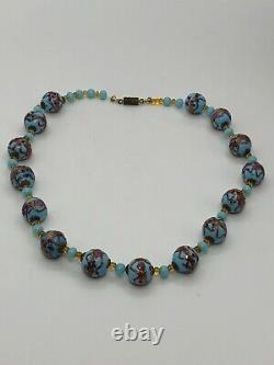 Vintage Murano Blue Glass Lampwork Wedding Cake Bead Necklace