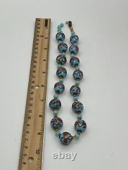 Vintage Murano Blue Glass Lampwork Wedding Cake Bead Necklace