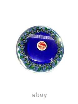 Vintage Murano Blue Glass Paperweight With David Star and Florals Signed