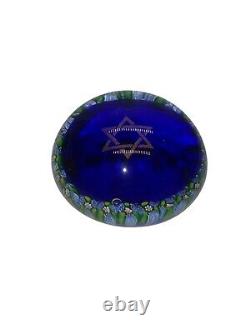 Vintage Murano Blue Glass Paperweight With David Star and Florals Signed