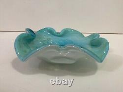 Vintage Murano Blue Italian Glass Bowl withGold & Silver Flecks, 8 Dia x 2 High