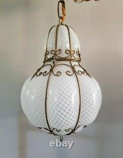 Vintage Murano Bubble Glass Latticino Caged Hanging Pendant Lamp Light Lantern