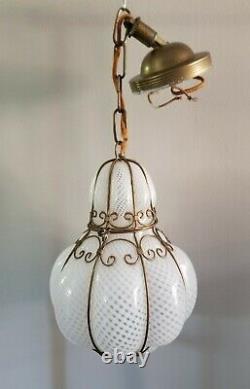 Vintage Murano Bubble Glass Latticino Caged Hanging Pendant Lamp Light Lantern