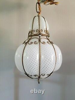 Vintage Murano Bubble Glass Latticino Caged Hanging Pendant Lamp Light Lantern