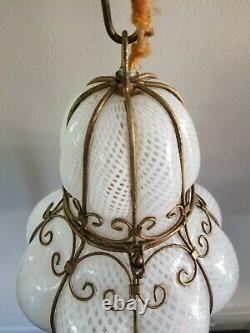 Vintage Murano Bubble Glass Latticino Caged Hanging Pendant Lamp Light Lantern