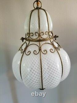 Vintage Murano Bubble Glass Latticino Caged Hanging Pendant Lamp Light Lantern