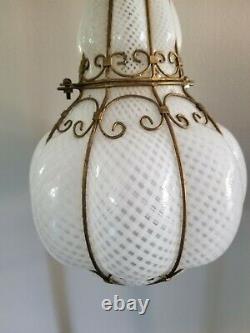 Vintage Murano Bubble Glass Latticino Caged Hanging Pendant Lamp Light Lantern