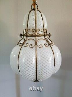 Vintage Murano Bubble Glass Latticino Caged Hanging Pendant Lamp Light Lantern