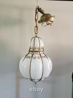 Vintage Murano Bubble Glass Latticino Caged Hanging Pendant Lamp Light Lantern