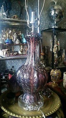 Vintage Murano Bullicante Art Glass Table Lamp, Clear purple silver Aventurine