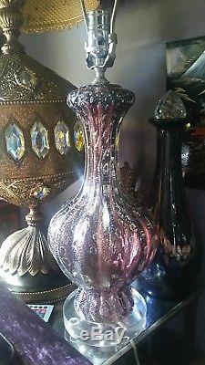 Vintage Murano Bullicante Art Glass Table Lamp, Clear purple silver Aventurine