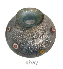 Vintage Murano Bullicante Millefiori Art Glass Vase Silver Aventurine Italy