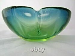 Vintage Murano Cenedese baby blue acid green glowing sommerso art glass bowl UV