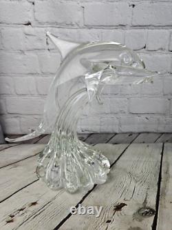 Vintage Murano Clear Glass Dolphin Sculpture 12 Tall Signed On Bottom Art Glass