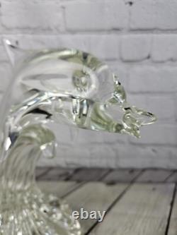 Vintage Murano Clear Glass Dolphin Sculpture 12 Tall Signed On Bottom Art Glass