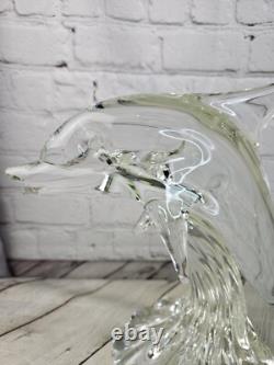 Vintage Murano Clear Glass Dolphin Sculpture 12 Tall Signed On Bottom Art Glass