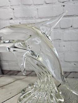 Vintage Murano Clear Glass Dolphin Sculpture 12 Tall Signed On Bottom Art Glass