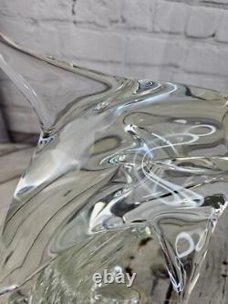 Vintage Murano Clear Glass Dolphin Sculpture 12 Tall Signed On Bottom Art Glass