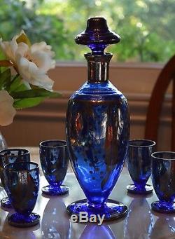 Vintage Murano Cobalt Blue Decanter Glass Cordial Set Silver Overlay Barware