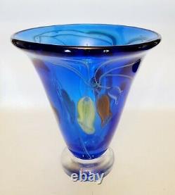 Vintage Murano Cobalt Blue Glass Vase w Blue Yellow Red Flowers Very Heavy 8x7