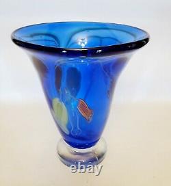 Vintage Murano Cobalt Blue Glass Vase w Blue Yellow Red Flowers Very Heavy 8x7