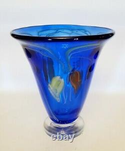 Vintage Murano Cobalt Blue Glass Vase w Blue Yellow Red Flowers Very Heavy 8x7