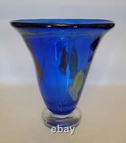 Vintage Murano Cobalt Blue Glass Vase w Blue Yellow Red Flowers Very Heavy 8x7