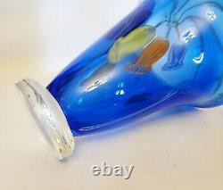 Vintage Murano Cobalt Blue Glass Vase w Blue Yellow Red Flowers Very Heavy 8x7