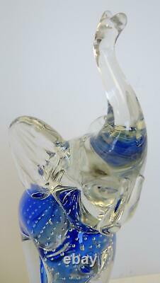 Vintage Murano Controlled Bubble Blue and Clear Glass Elephant Standing On Ball
