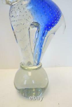 Vintage Murano Controlled Bubble Blue and Clear Glass Elephant Standing On Ball