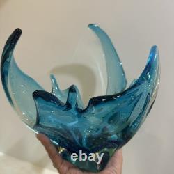 Vintage Murano Controlled Bubbles Blue Wave Art Glass Centrepiece Bowl Italy