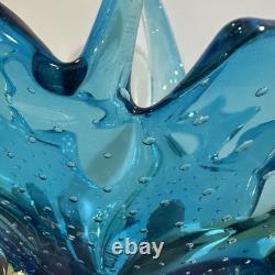Vintage Murano Controlled Bubbles Blue Wave Art Glass Centrepiece Bowl Italy