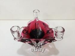 Vintage Murano Cranberry Art Glass Bowl Candlestick Holder (3 Lights), 5 1/2 T