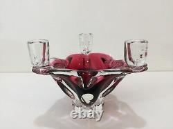 Vintage Murano Cranberry Art Glass Bowl Candlestick Holder (3 Lights), 5 1/2 T