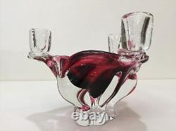 Vintage Murano Cranberry Art Glass Bowl Candlestick Holder (3 Lights), 5 1/2 T