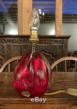 Vintage Murano Cranberry Glass Ball Table Lamp, Mid Century Modern, Rewired